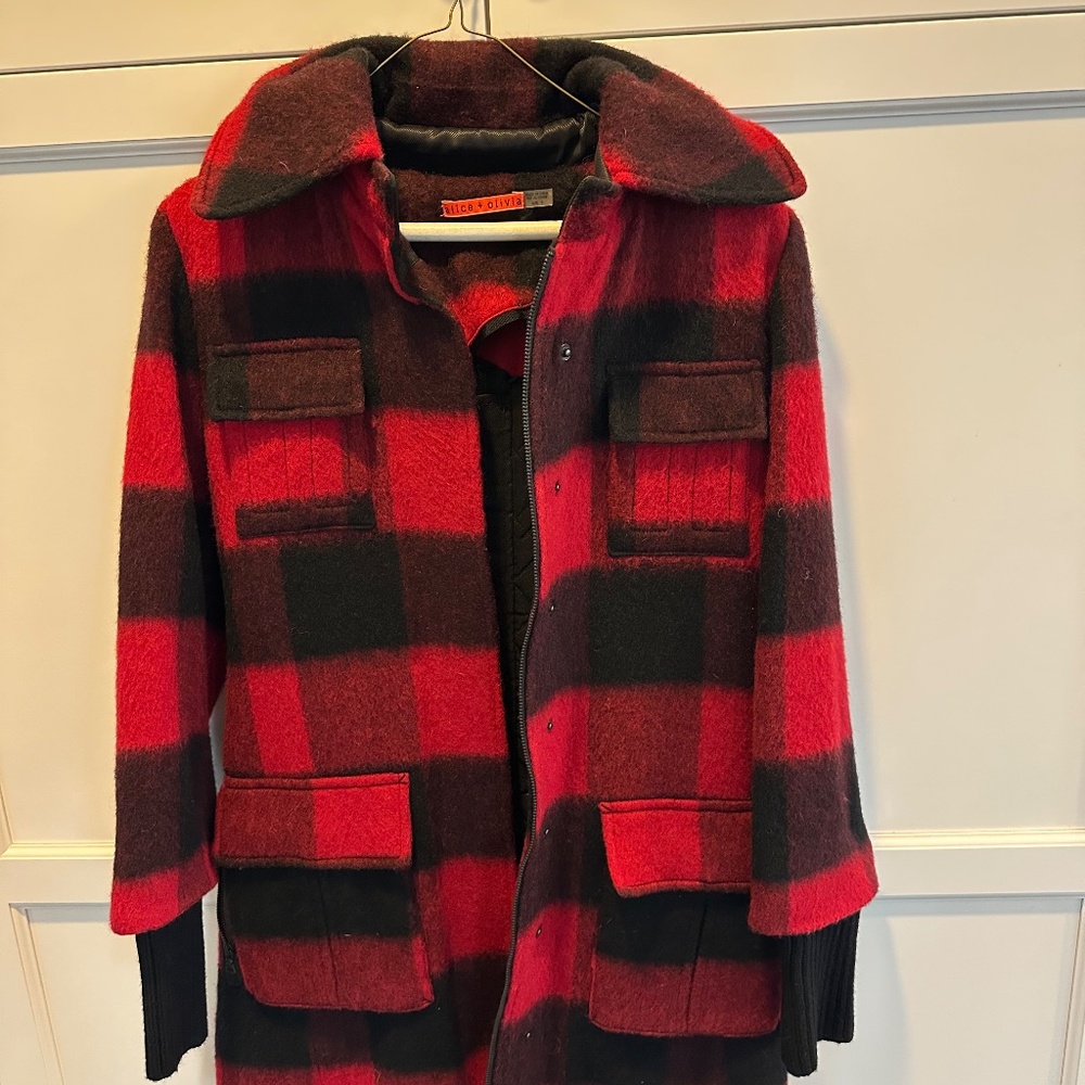 Alice + Olivia Red Black Buffalo Plaid Wool Blend Coat Sz 4-Flawless